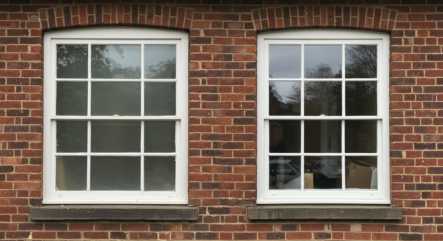 A split image showing a damaged casement window on one side and a newly repaired window on the other. The contrast highlights the transformation and the importance of timely repairs.