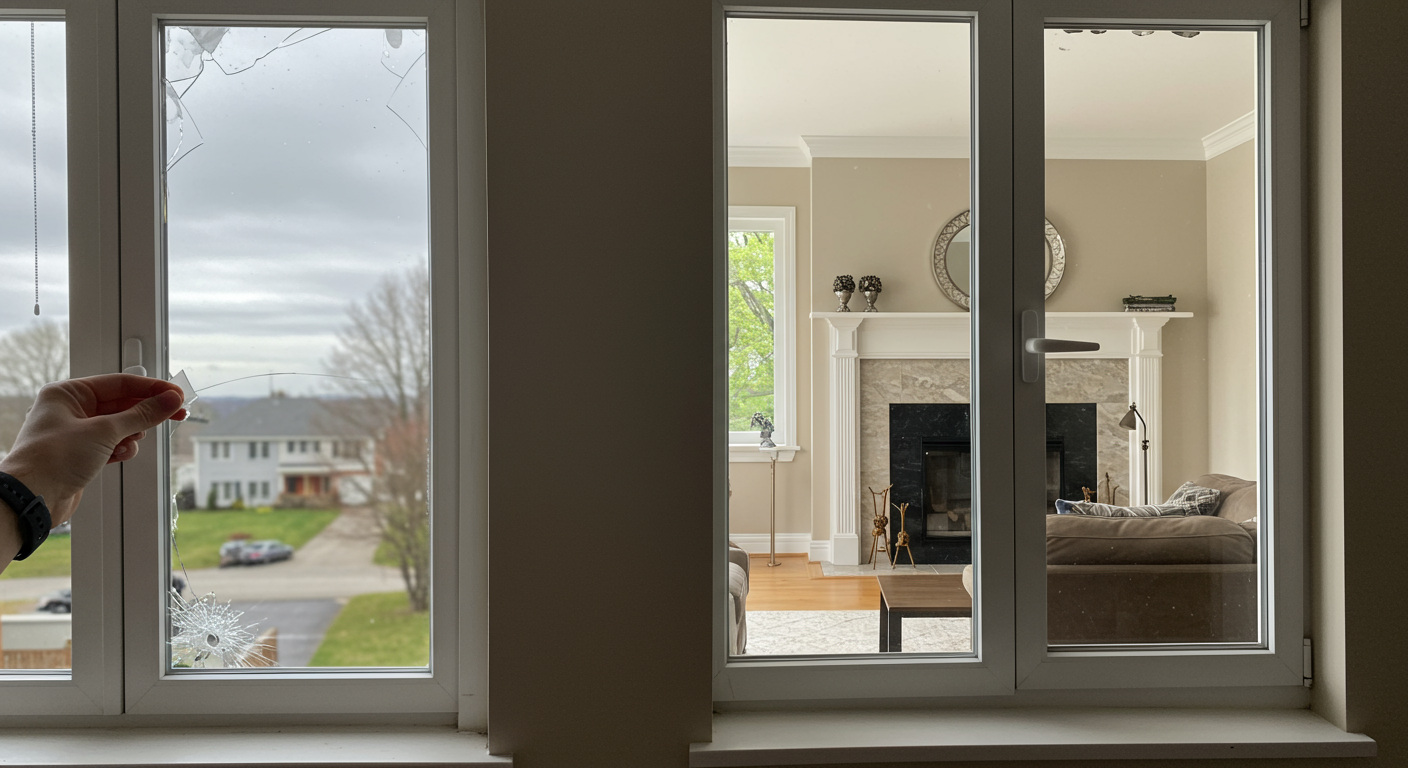 A split image showing a damaged window on one side and the same window perfectly repaired on the other. The background features a cozy home setting, highlighting the transformation.