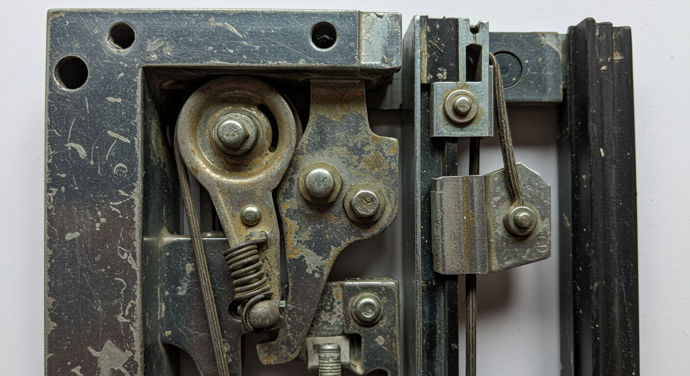 A close-up view of a window mechanism, showcasing the intricate parts such as pulleys, springs, and tracks. The image captures the details of the mechanism, highlighting wear and tear.