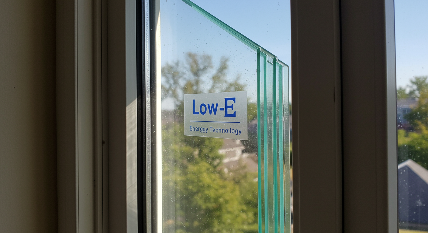 A close-up of energy-efficient sliding window panes with a focus on the Low E glass technology. The image captures the reflection of a sunny day, symbolizing energy efficiency.