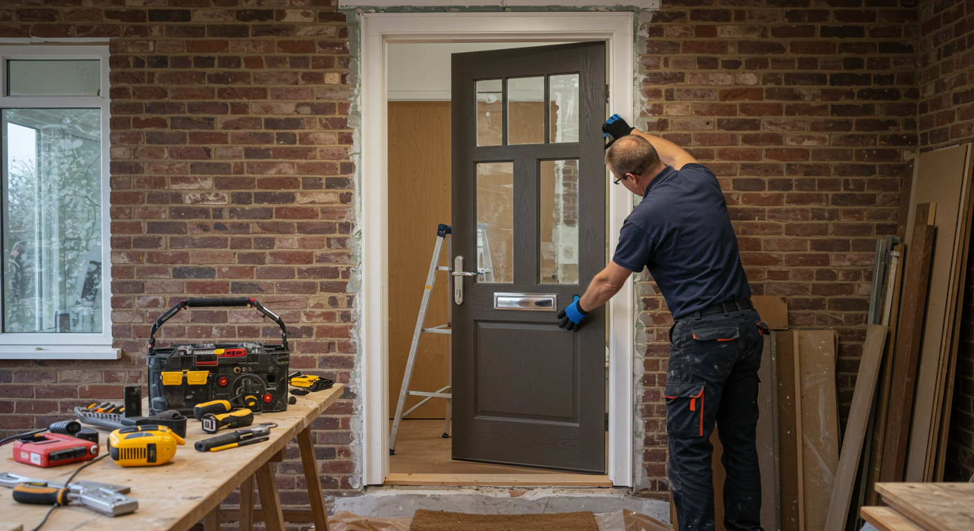 A stylish front door installation in progress, with a contractor carefully fitting the door into the frame. Tools and materials are neatly arranged around the workspace.