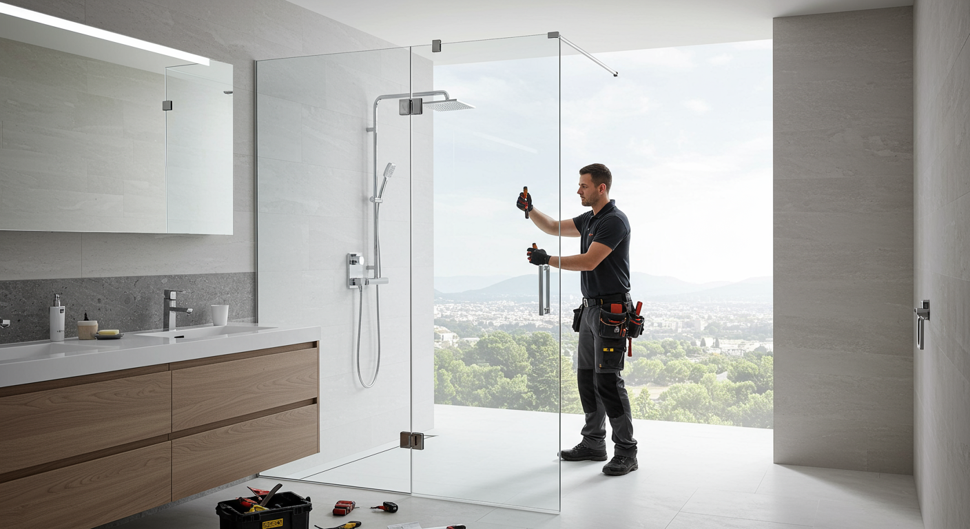 A sleek frameless shower enclosure being installed in a modern bathroom, emphasizing the elegance and style of the design.