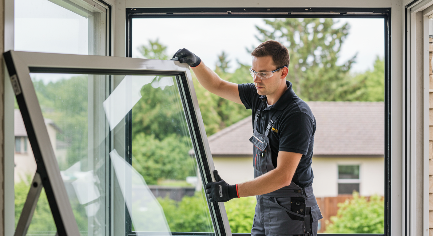 A technician in uniform carefully replacing a large window pane at a residential home, showcasing the precision and professionalism of the service.