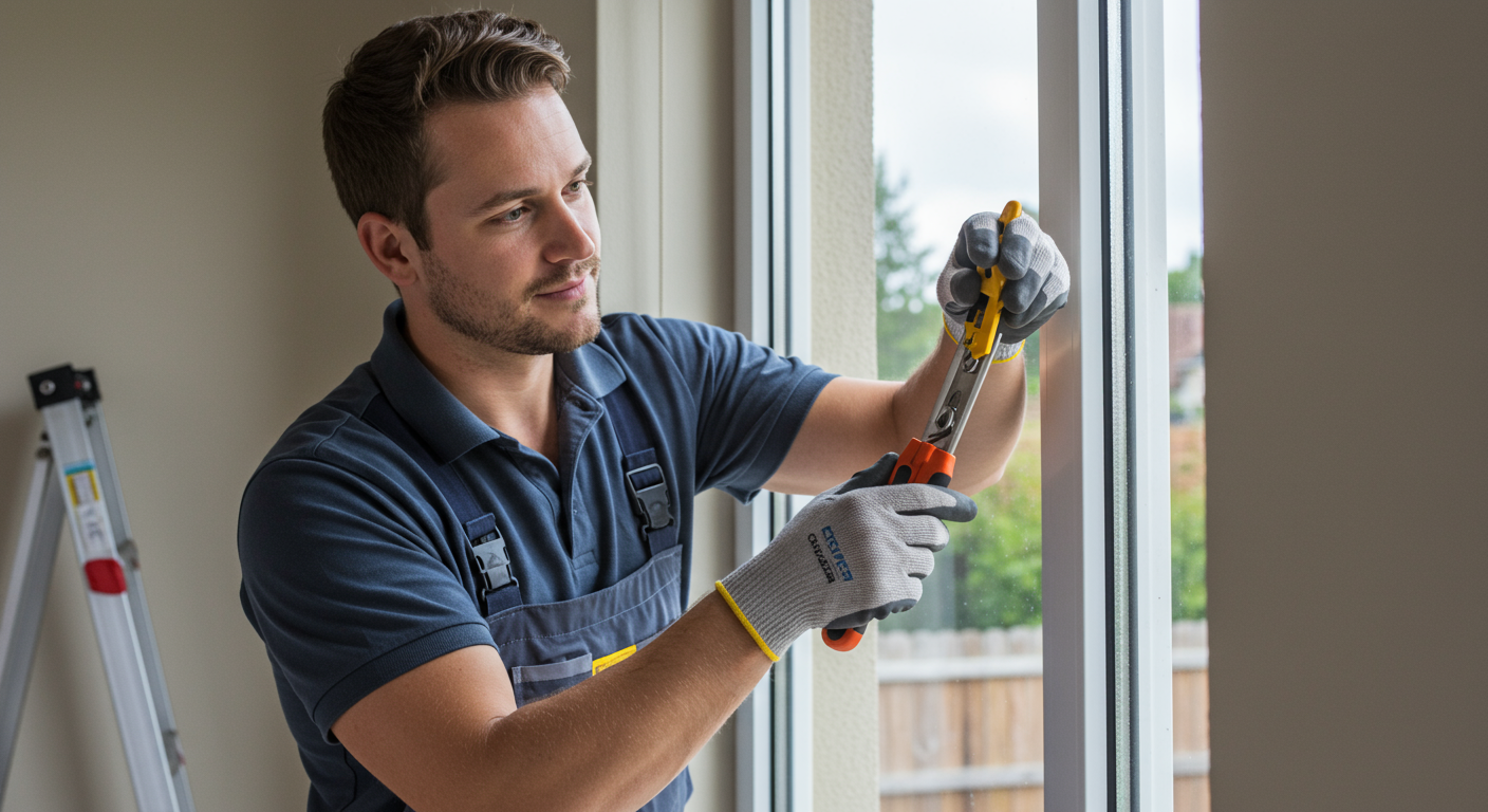 A skilled technician repairing a residential window, showcasing tools and materials used in the process. The technician is focused and professional, with a friendly demeanor.