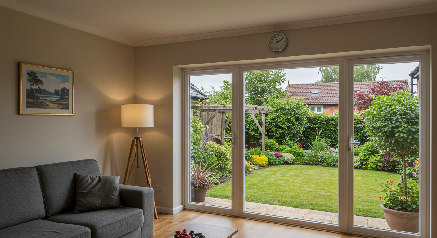 A serene living room scene featuring a newly installed glass window, allowing natural light to flood the space, with a view of a beautiful garden outside.