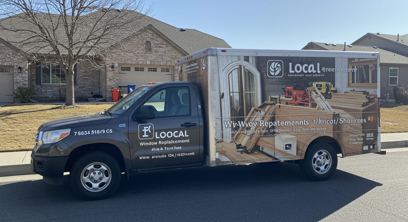A local window replacement service truck parked in front of a residential home in Murray, UT.