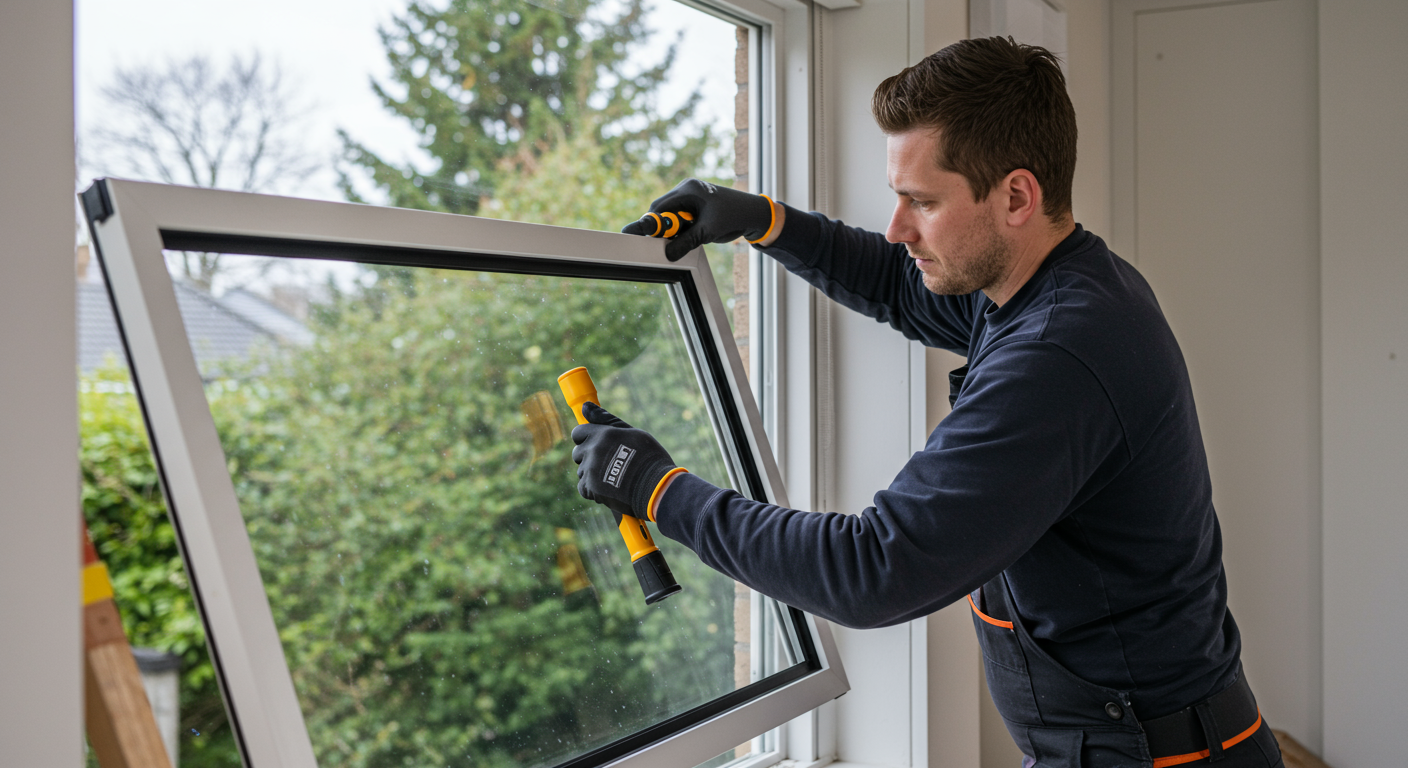 A skilled technician carefully repairing a large window pane in a residential setting. The technician is focused and wearing safety gear, showcasing professionalism.
