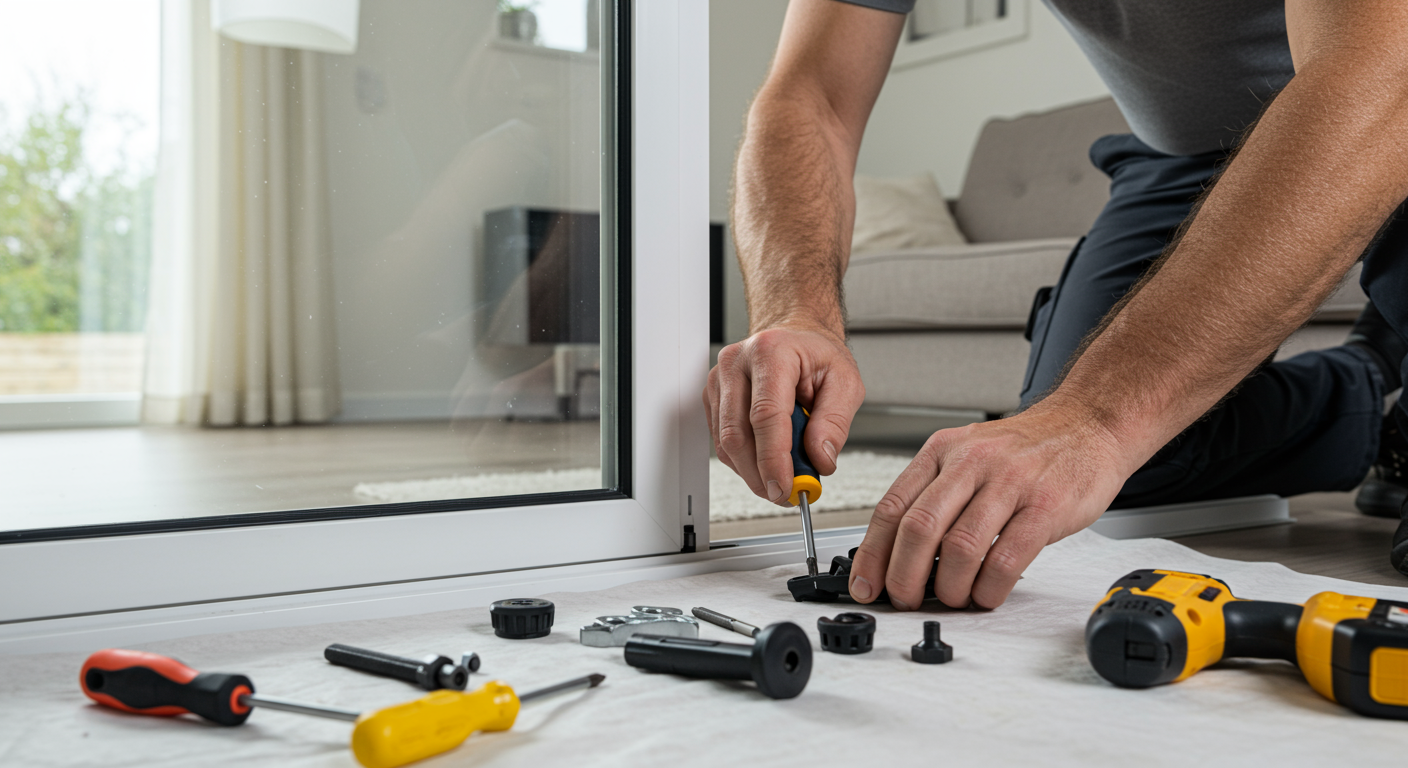 A skilled technician repairing a sliding door in a residential setting, showcasing tools and parts used in the repair process.