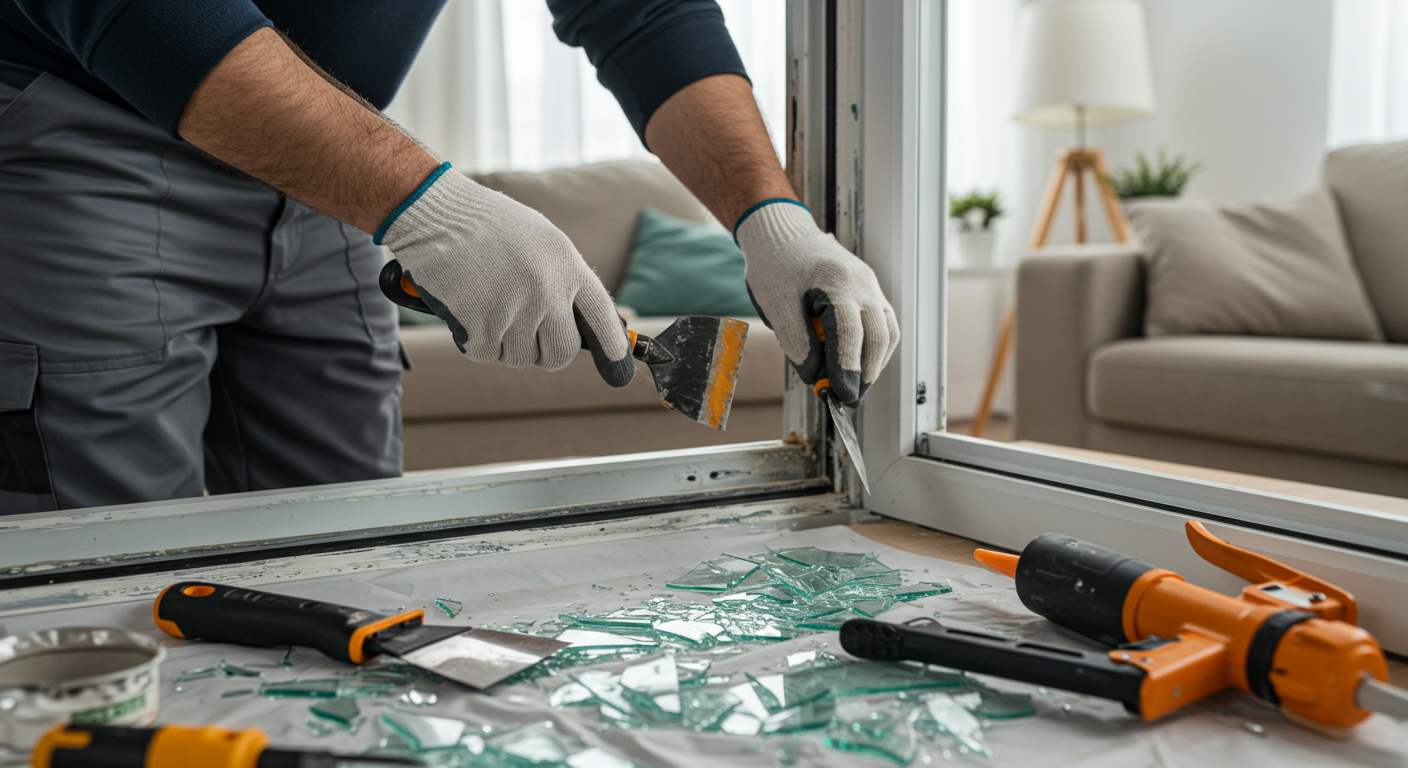 A skilled technician repairing a window panel in a residential setting, showcasing the tools and materials used in the process.